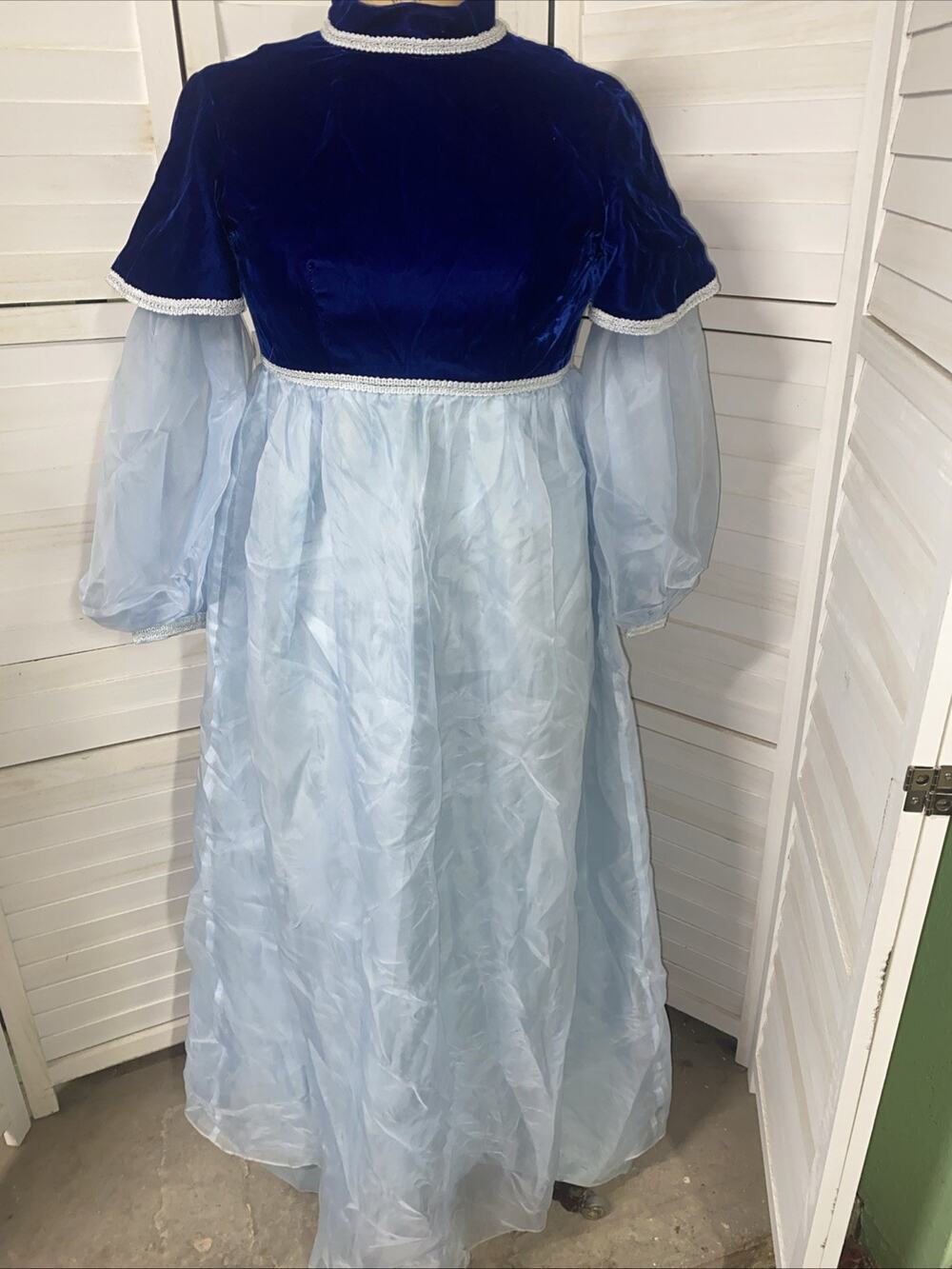 VTG 60s Lorrie Deb Blue Velvet & Chiffon Dress Empire Waist Maxi Hostess Small